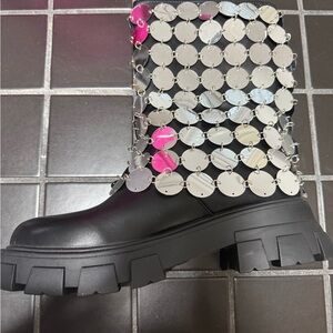 AKIRA Black and Silver Sequin Combat Boots